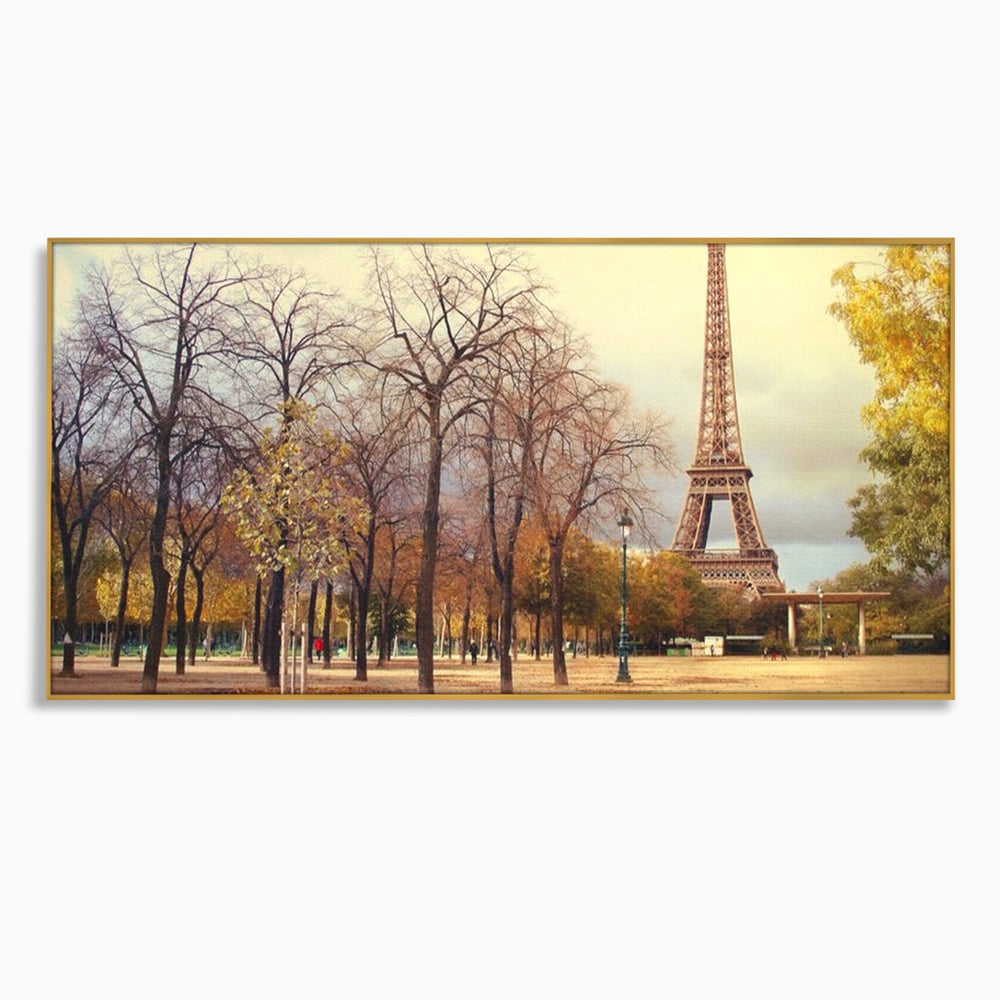Tablou canvas cu tablou canvas cu turnul eiffel toamna, in rama de aluminiu auriu